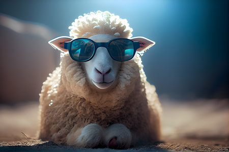 Sheep in sunglasses on a background of blue sky. AI Generativeの素材