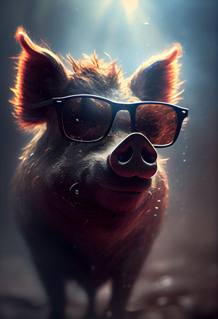 Portrait of a happy wild boar wearing sunglasses.の素材