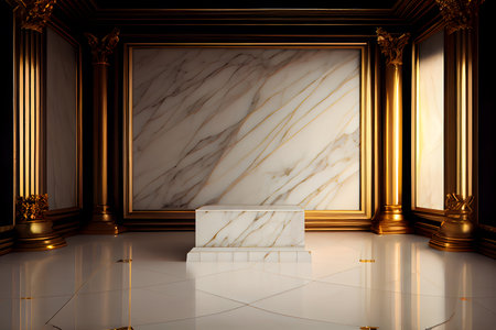 white marble podium with gold elements, pedestal or platform for product presentation.の素材