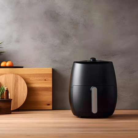 Modern black electric air fryer on the wooden table in a modern kitchen. AI Generativeの素材