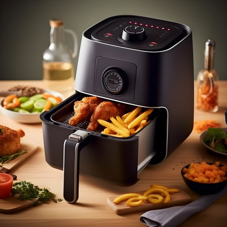 Fast food concept. Fried chicken with french fries in an air fryer. AI Generativeの素材