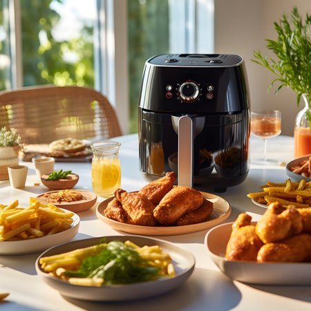 A modern electric Air Fryer with fried chicken nuggets, french fries and salad on a white table. AI Generativeの素材