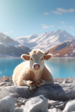 Cute cow on the mountain lake shore, closeup. Winter vacation. AI Generativeの素材