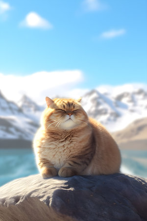 Beautiful ginger cat in the background of snow-capped mountains. AI Generativeの素材
