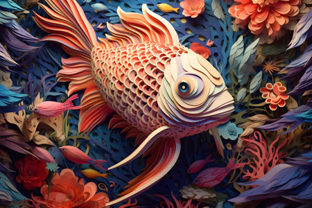 paper art with colourful fish in the aquarium. AI Generativeの素材