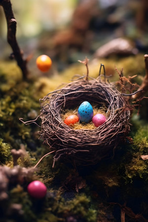 Colourful Easter eggs in the nest on a moss background. Happy Easter concept. AI Generativeの素材
