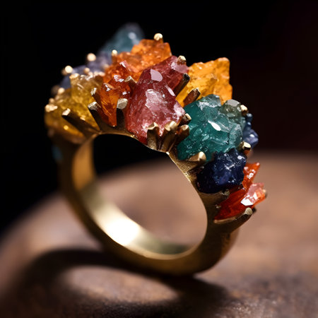 Jewellery ring with multicoloured gems on a dark background. AI Generativeの素材