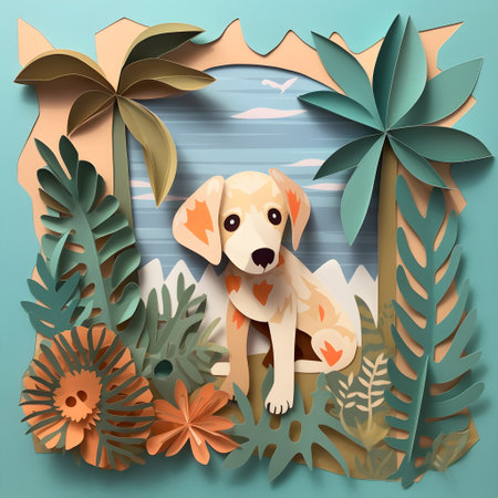 Cute dog and tropical leaves background. Paper art style. Paper cut 3d illustration. AI Generativeの素材