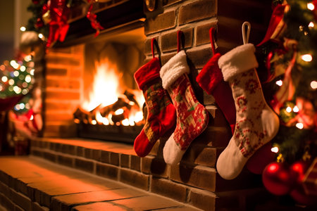 Christmas socks hanging on a fireplace in the background of a decorated Christmas tree. AI Generativeの素材