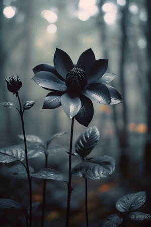 Beautiful black flower in the dark forest. AI Generativeの素材