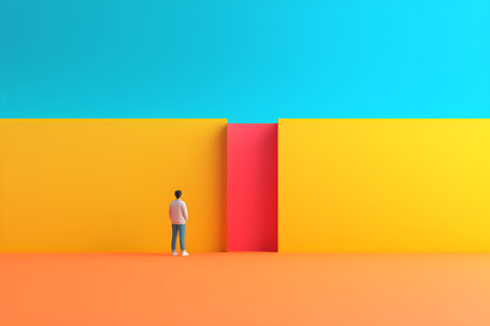 Man standing in front of colourful wall. Minimal concept. AI Generativeの素材