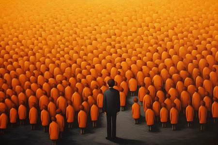 A businessman standing in front of a crowd of orange people. AI Generativeの素材