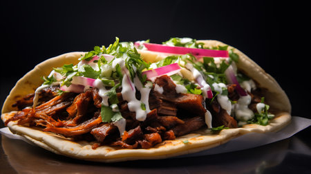 Traditional Mexican tacos with beef and vegetables on a black background. AI Generativeの素材