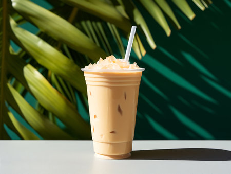 Thai iced tea in a plastic cup with a straw and palm leaf on a green background. AI Generativeの素材