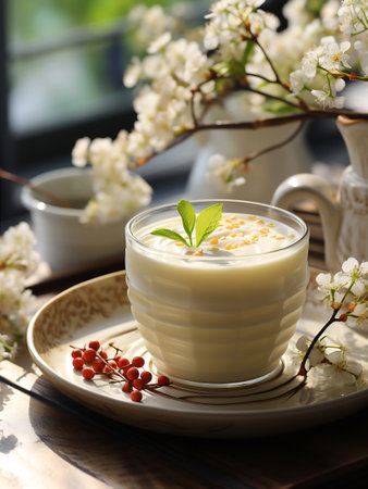 Creamy milk in a glass cup on a wooden table. AI Generativeの素材