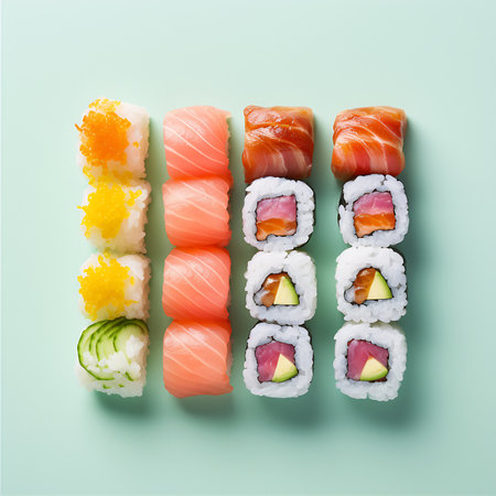 Sushi set with salmon, tuna, shrimp, avocado and cucumber on a blue background. AI Generativeの素材