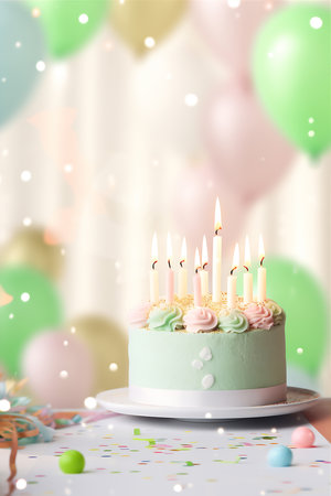 Birthday cake with burning candles on blurred background, close-up. AI Generativeの素材