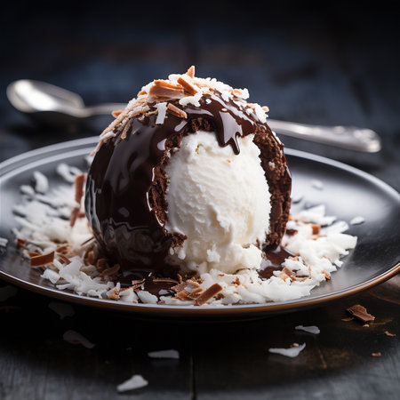 Chocolate ice cream ball with chocolate shavings on a dark wooden background. AI Generativeの素材