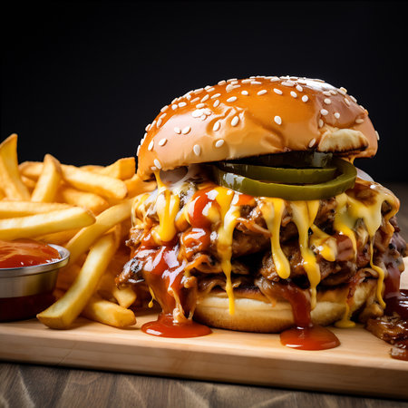 Cheeseburger - American cheeseburger with Golden French fries and ketchup. AI Generativeの素材