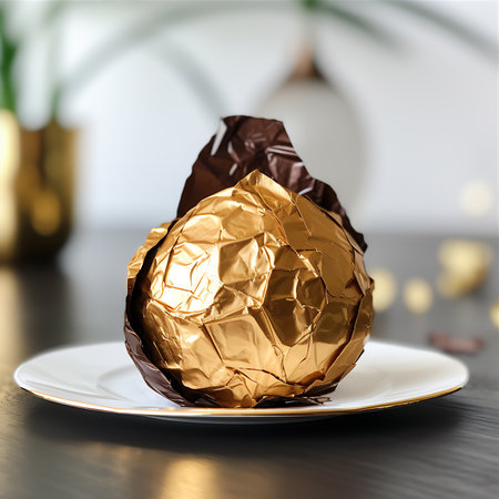 Chocolate egg wrapped in golden foil on a white plate on a wooden table. AI Generativeの素材