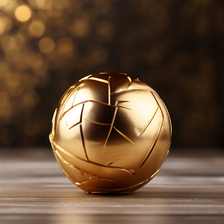 Golden chocolate Christmas ball on a wooden table and bokeh background. AI Generativeの素材