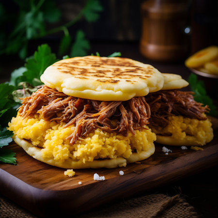Arepa with pork mashed potatoes on a rustic wooden background. AI Generativeの素材