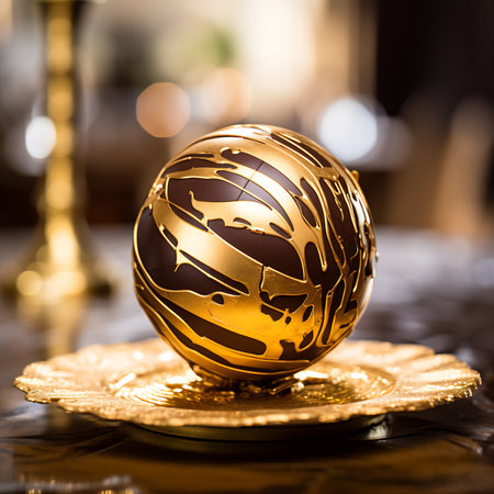 Golden chocolate Christmas ball on a table in a restaurant with bokeh. AI Generativeの素材