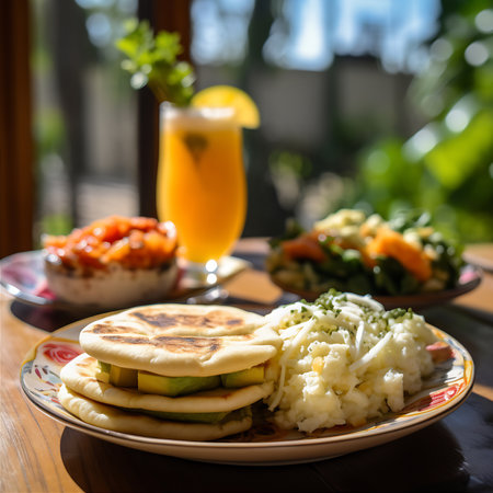Arepa with vegetables and mashed potatoes on a plate in a restaurant. AI Generativeの素材