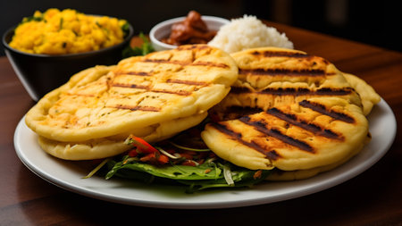 Arepa with rice and vegetables on a wooden table in a restaurant. AI Generativeの素材