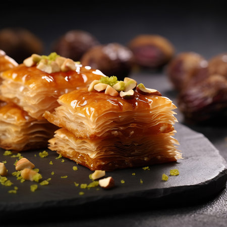 Traditional Turkish dessert baklava with cashews and walnuts. Homemade baklava with nuts and honey. AI Generativeの素材