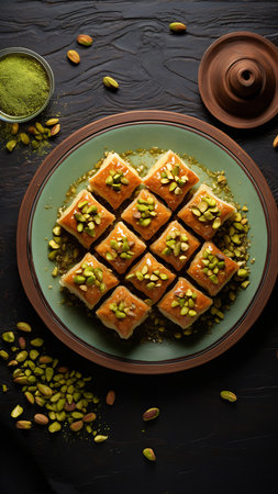 Traditional Turkish dessert baklava with cashews and walnuts. Homemade baklava with nuts and honey. AI Generativeの素材
