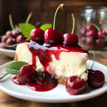Cheesecake with cherries on a wooden background. AI Generativeの素材