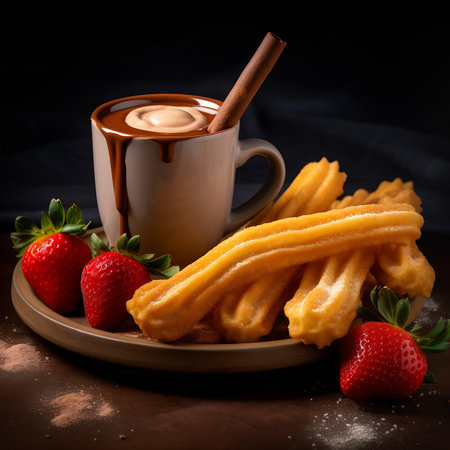 A cup of hot chocolate with churros and strawberries on a dark background. AI Generativeの素材