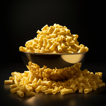 Bowl of yellow macaroni pasta on a black background. AI Generativeの素材
