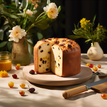 Panettone with raisins on a wooden plate and a knife. AI Generativeの素材