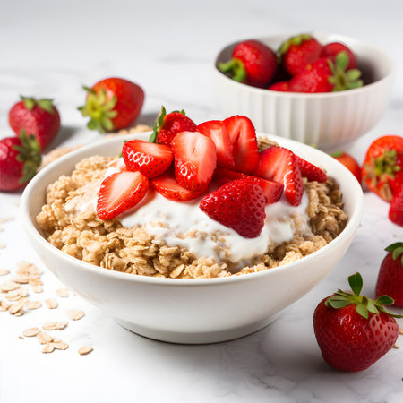 Healthy breakfast - oatmeal with fresh strawberries on a white marble background. AI Generativeの素材