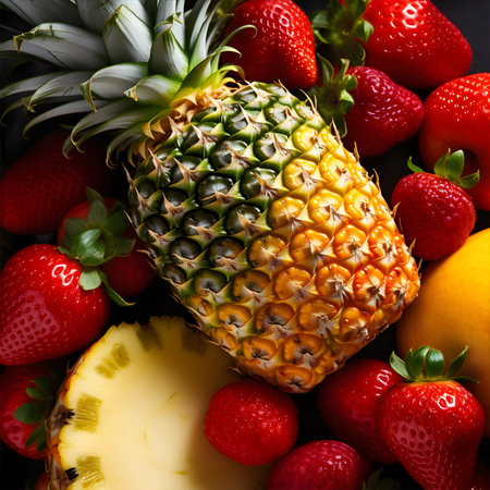 Pineapples, strawberries and mangoes on a black background. AI Generativeの素材