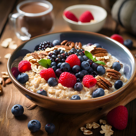 Oatmeal with berries and nuts on a wooden background. AI Generativeの素材