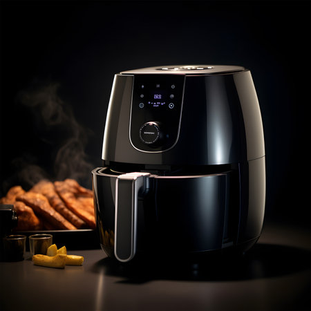 Modern electric air fryer on a black background. AI Generativeの素材