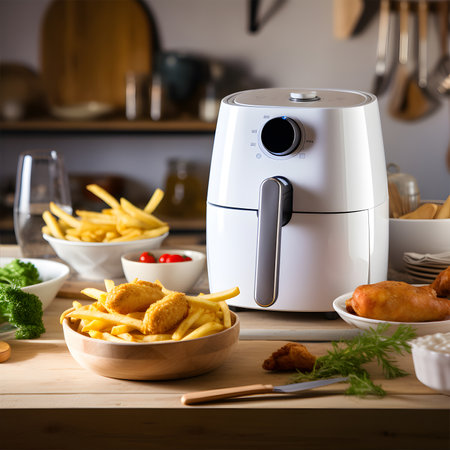 Modern electric air fryer with fried chicken nuggets and french fries on a wooden table in the kitchen. AI Generativeの素材