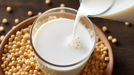 A glass of soy milk and beans on a wooden table, closeup view. AI Generativeの素材