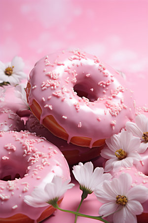 Doughnuts with pink glaze and daisies on a pink background. AI Generativeの素材