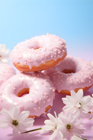 Doughnuts with pink glaze and white daisies on a blue background. AI Generativeの素材