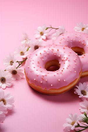 Delicious doughnuts with pink glaze and flowers on a pink background. AI Generativeの素材