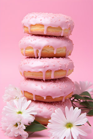 Doughnuts with pink glaze and flowers on a pink background. AI Generativeの素材