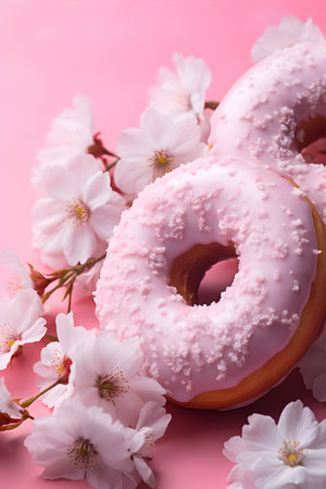 Doughnuts with pink icing and cherry blossoms on a pink background. AI Generativeの素材