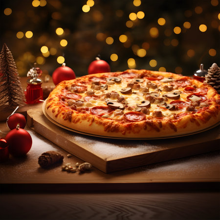 Pizza with pepperoni, salami and mushrooms on a wooden background. AI Generativeの素材