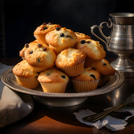Homemade muffins with raisins on a dark background. AI Generativeの素材