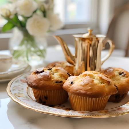 Muffins with raisins on a plate with a cup of coffee. AI Generativeの素材