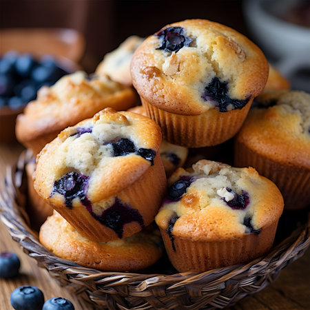 Blueberry muffins in a basket on a wooden background. AI Generativeの素材